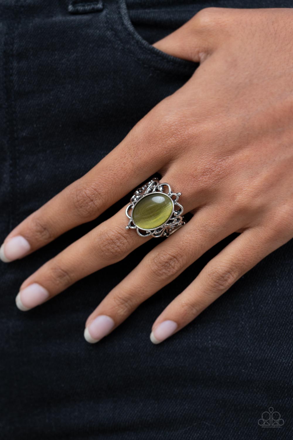 Radiantly Reminiscent Olive Green Cat&#39;s Eye Stone Ring - Paparazzi Accessories-on model - CarasShop.com - $5 Jewelry by Cara Jewels