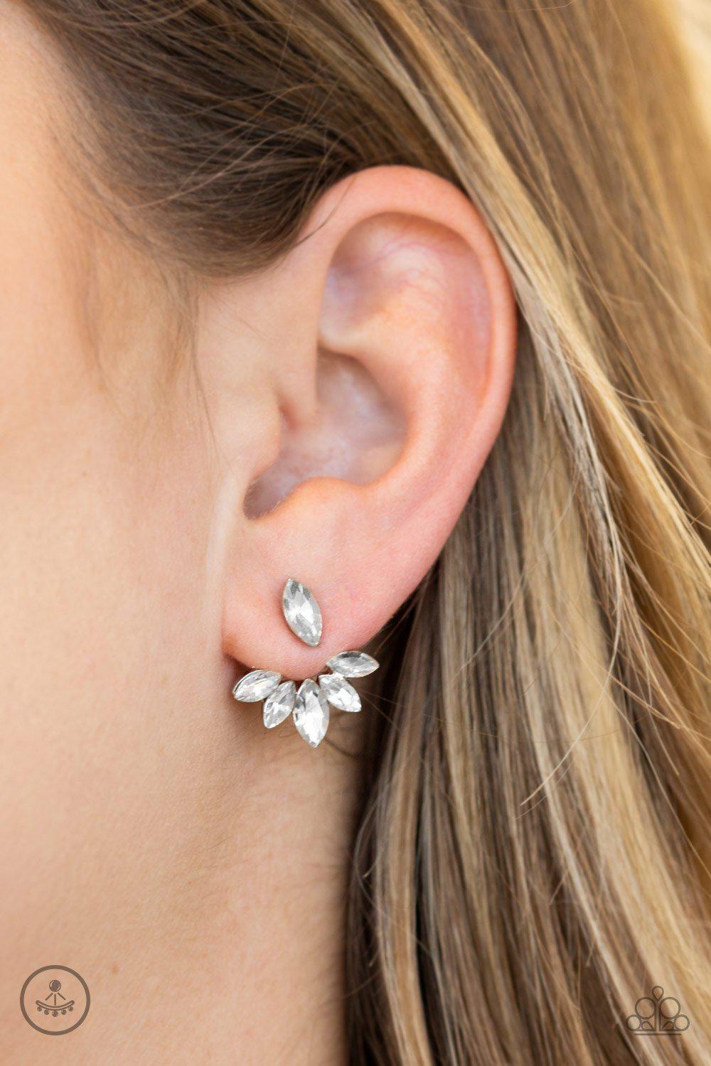 Radical Refinement White Rhinestone Double-sided post Earrings - Paparazzi Accessories-CarasShop.com - $5 Jewelry by Cara Jewels