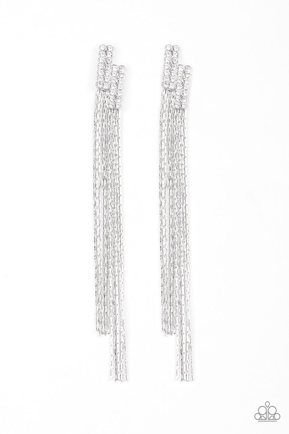 Radio Waves White Rhinestone Chain Earrings - Paparazzi Accessories - lightbox -CarasShop.com - $5 Jewelry by Cara Jewels