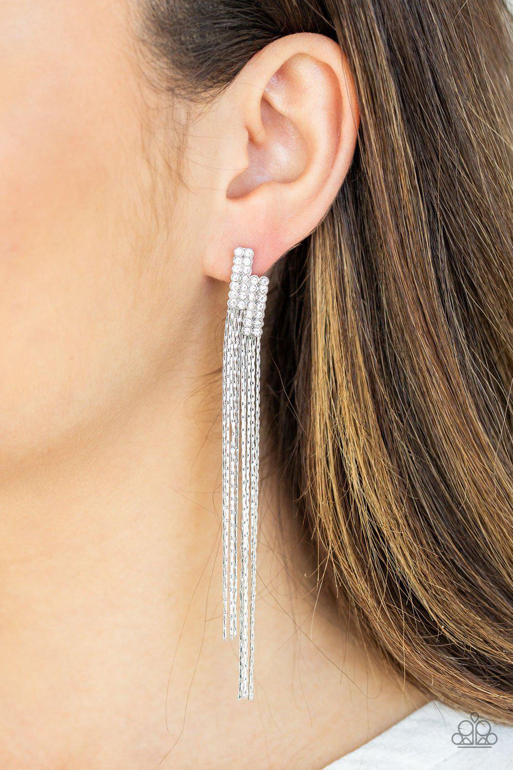 Radio Waves White Rhinestone Chain Earrings - Paparazzi Accessories - lightbox -CarasShop.com - $5 Jewelry by Cara Jewels