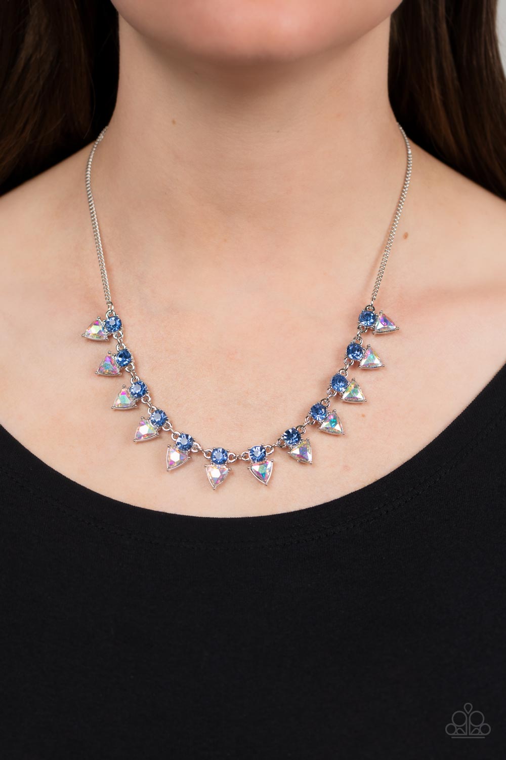 Razor-Sharp Refinement Blue &amp; Iridescent Rhinestone Necklace - Paparazzi Accessories-on model - CarasShop.com - $5 Jewelry by Cara Jewels