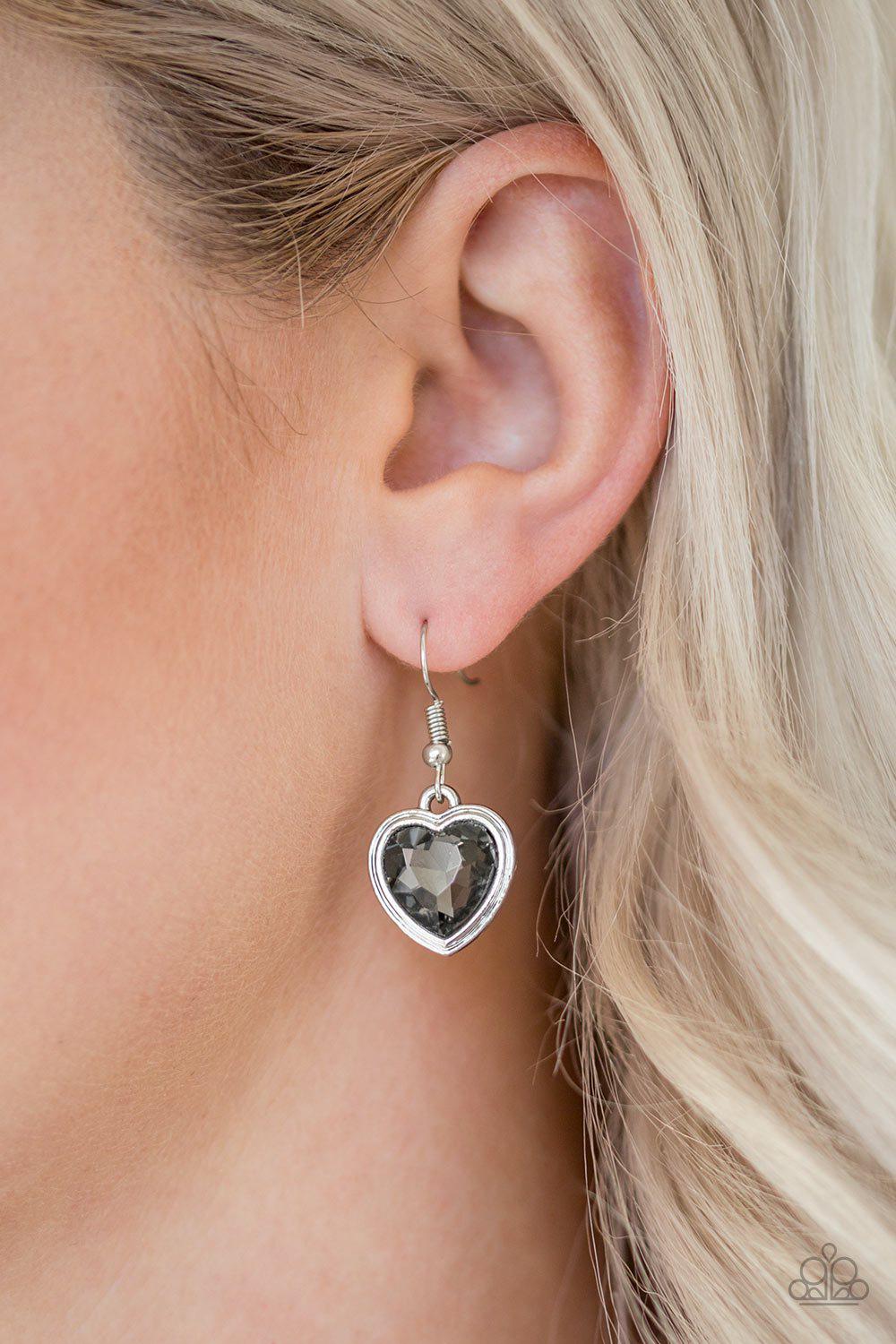 Real Romance Silver Smoky Gem Heart Earrings - Paparazzi Accessories-CarasShop.com - $5 Jewelry by Cara Jewels