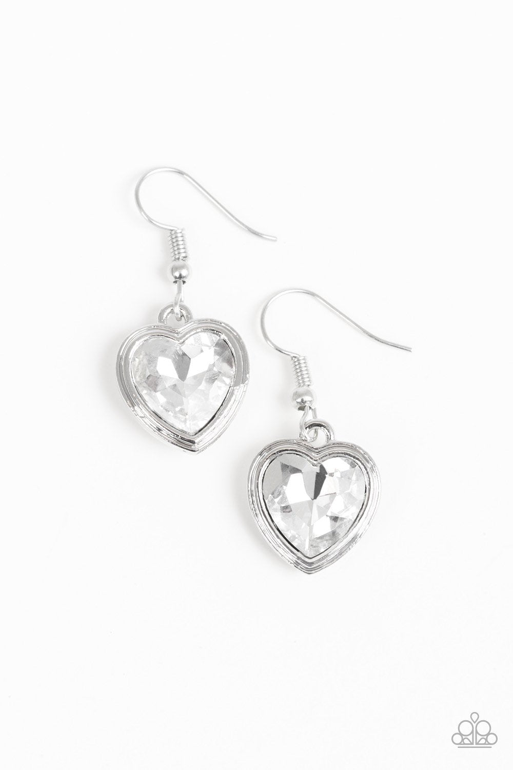 Real Romance White Rhinestone Heart Earrings - Paparazzi Accessories-CarasShop.com - $5 Jewelry by Cara Jewels