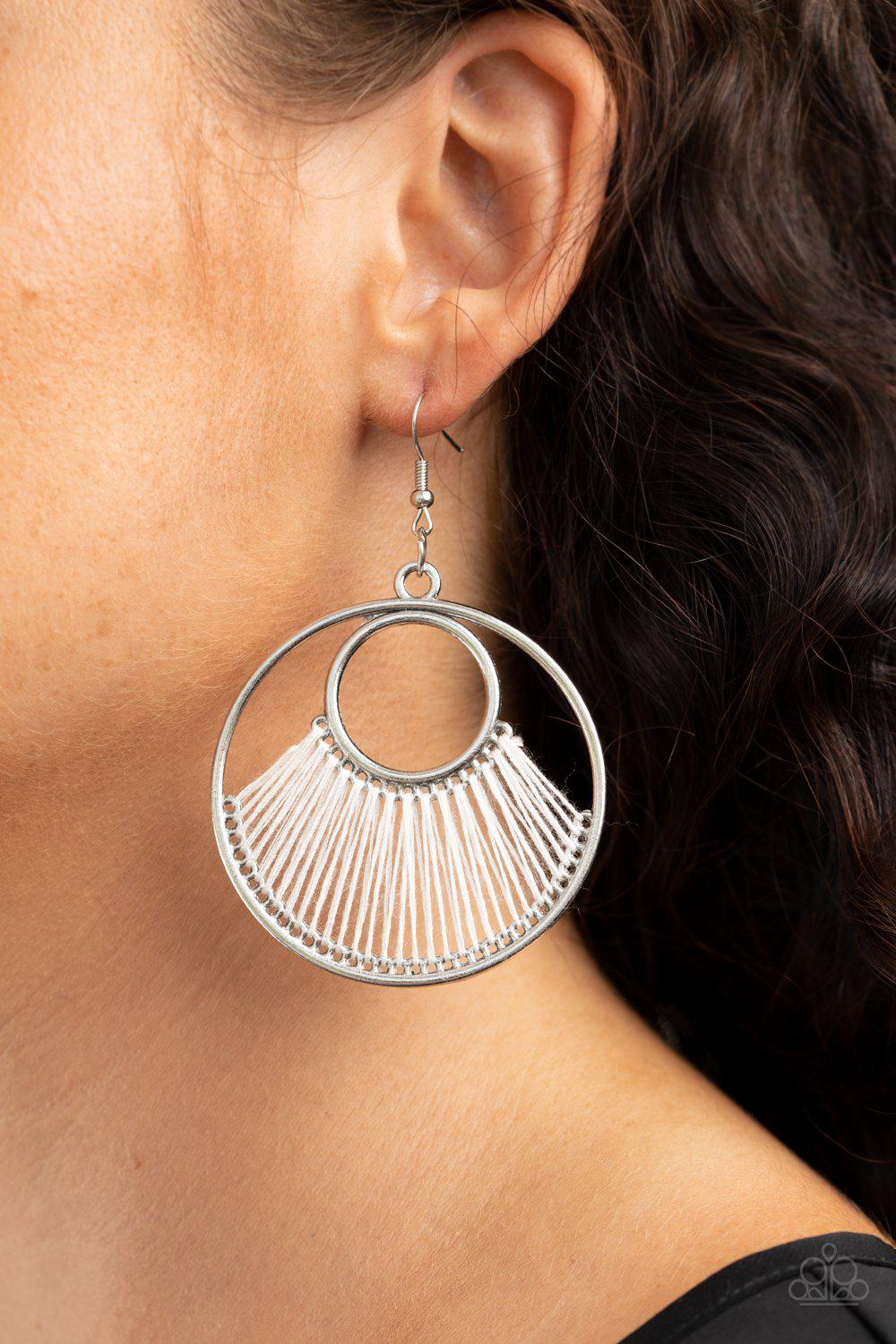 Really High-Strung White Thread and Silver Earrings - Paparazzi Accessories - model -CarasShop.com - $5 Jewelry by Cara Jewels