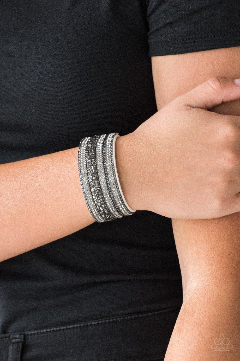 Really Rock Band White and Gunmetal Urban Wrap Snap Bracelet - Paparazzi Accessories-CarasShop.com - $5 Jewelry by Cara Jewels