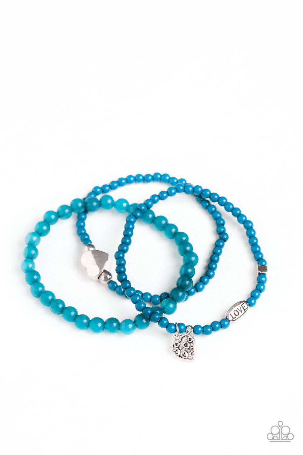 Really Romantic Blue and Silver Heart Stretch Bracelet Set - Paparazzi Accessories-CarasShop.com - $5 Jewelry by Cara Jewels