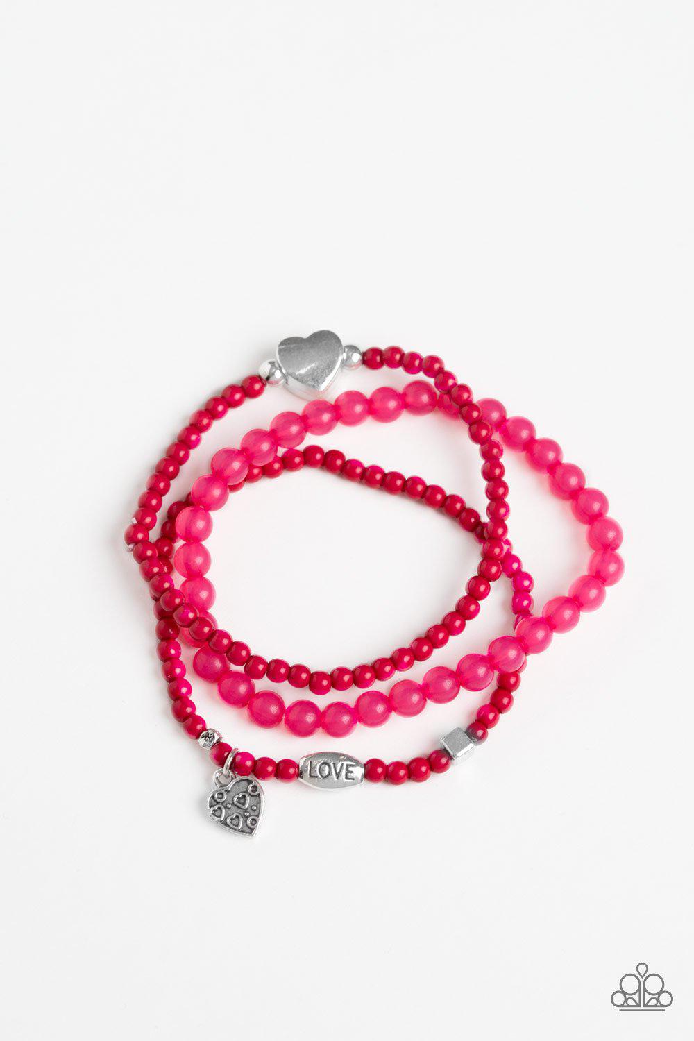 Really Romantic Hot Pink and Silver Heart Stretch Bracelet Set - Paparazzi Accessories-CarasShop.com - $5 Jewelry by Cara Jewels