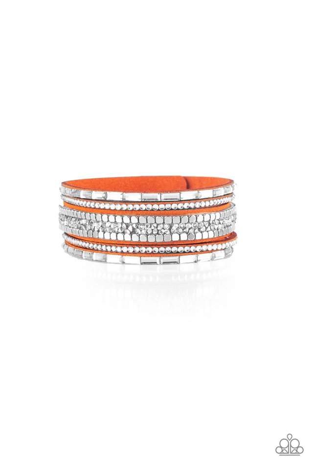 Rebel in Rhinestones Orange Wrap Snap Bracelet - Paparazzi Accessories- lightbox - CarasShop.com - $5 Jewelry by Cara Jewels