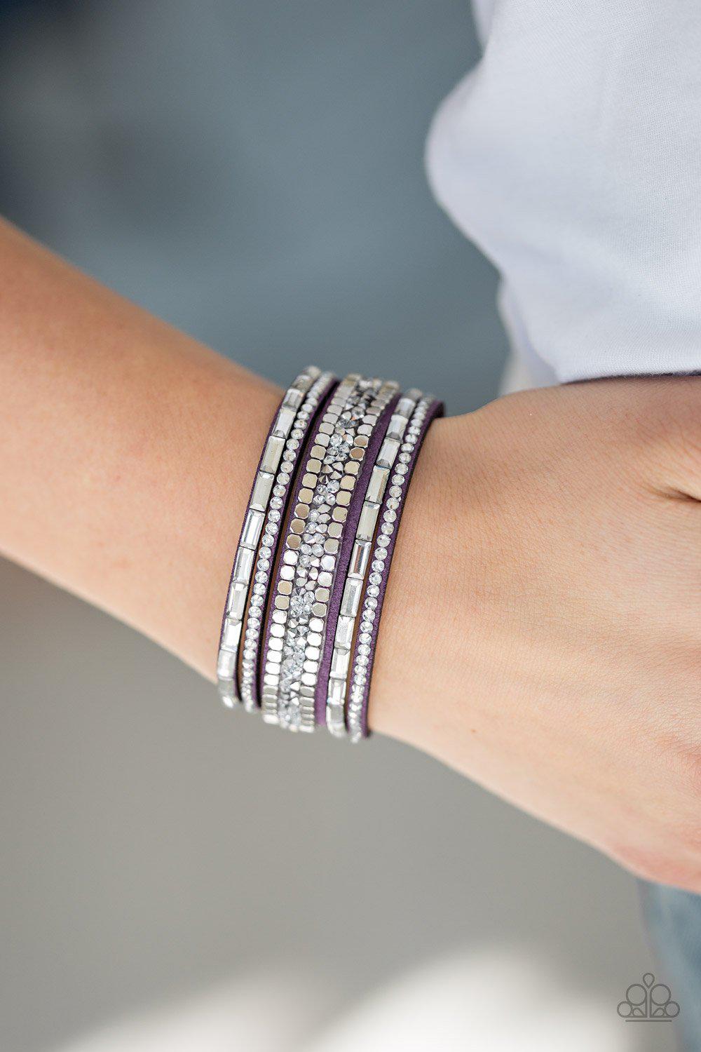 Rebel In Rhinestones Purple Wrap Snap Bracelet - Paparazzi Accessories-CarasShop.com - $5 Jewelry by Cara Jewels