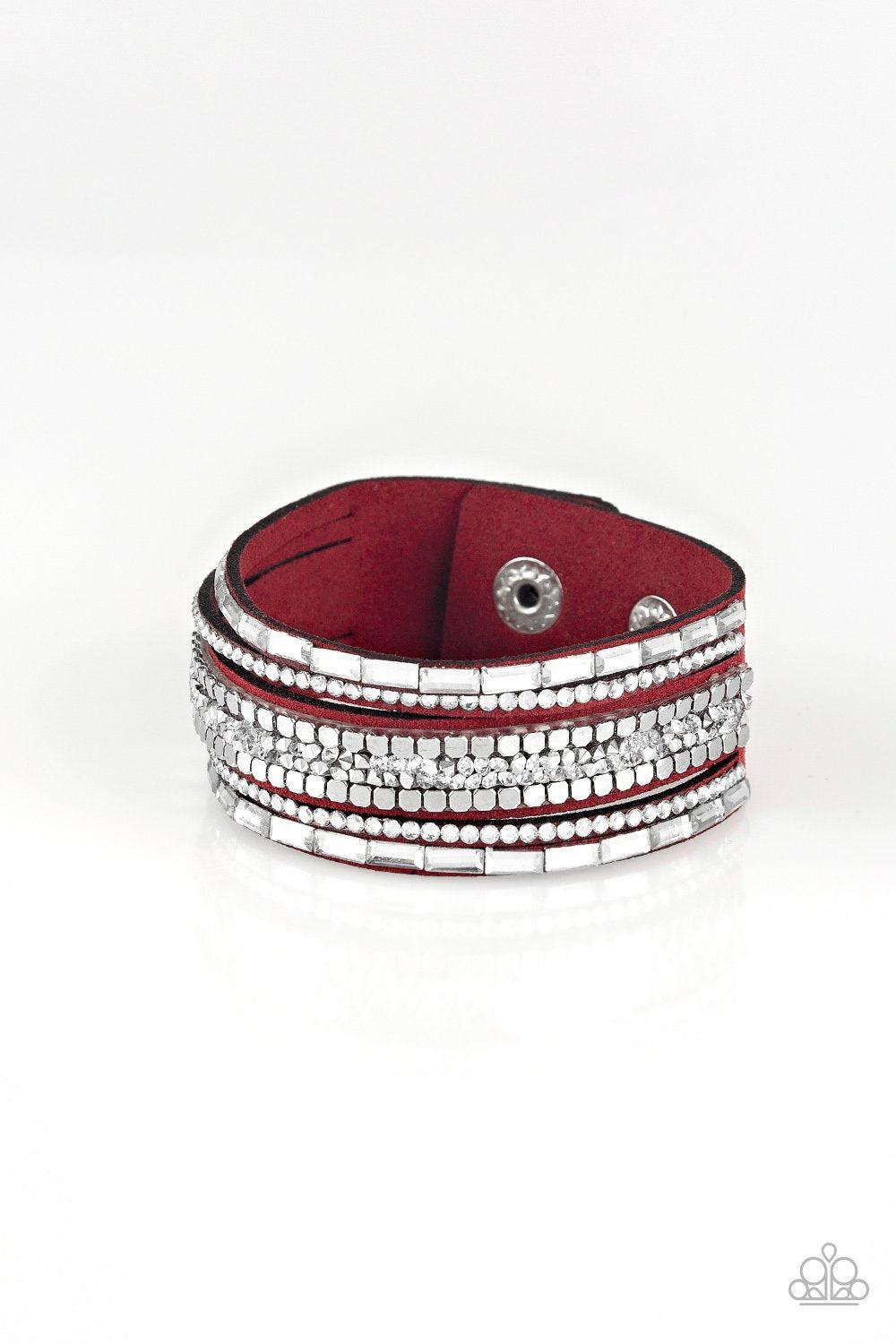 Rebel In Rhinestones Red Wrap Snap Bracelet - Paparazzi Accessories-CarasShop.com - $5 Jewelry by Cara Jewels