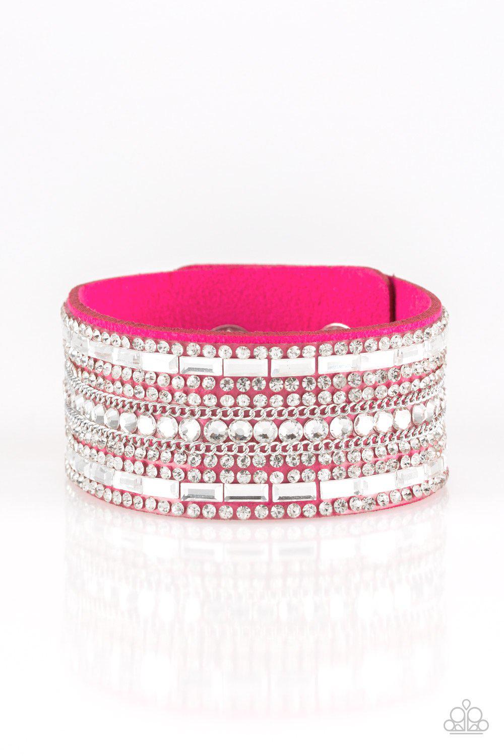 Rebel Radiance Pink and White Rhinestone Urban Wrap Snap Bracelet - Paparazzi Accessories-CarasShop.com - $5 Jewelry by Cara Jewels