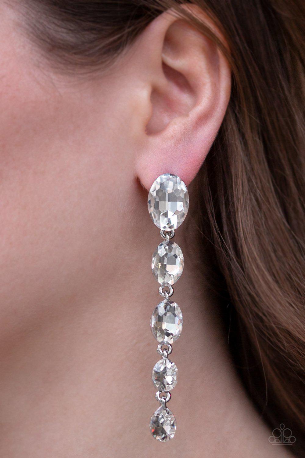 Red Carpet Radiance White Rhinestone Earrings - Paparazzi Accessories-CarasShop.com - $5 Jewelry by Cara Jewels