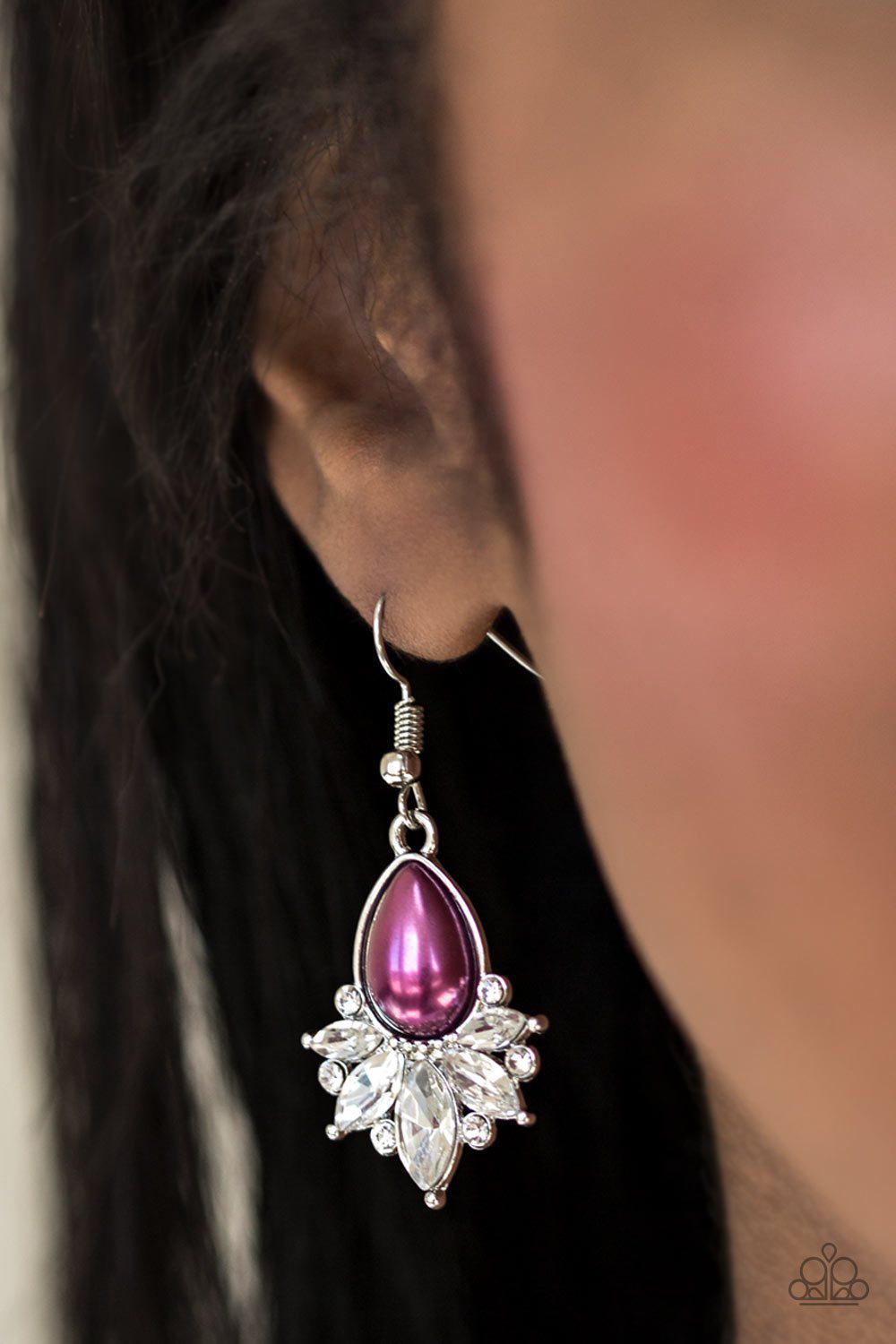 Regal Reputation White Rhinestone and Purple Earrings - Paparazzi Accessories-CarasShop.com - $5 Jewelry by Cara Jewels