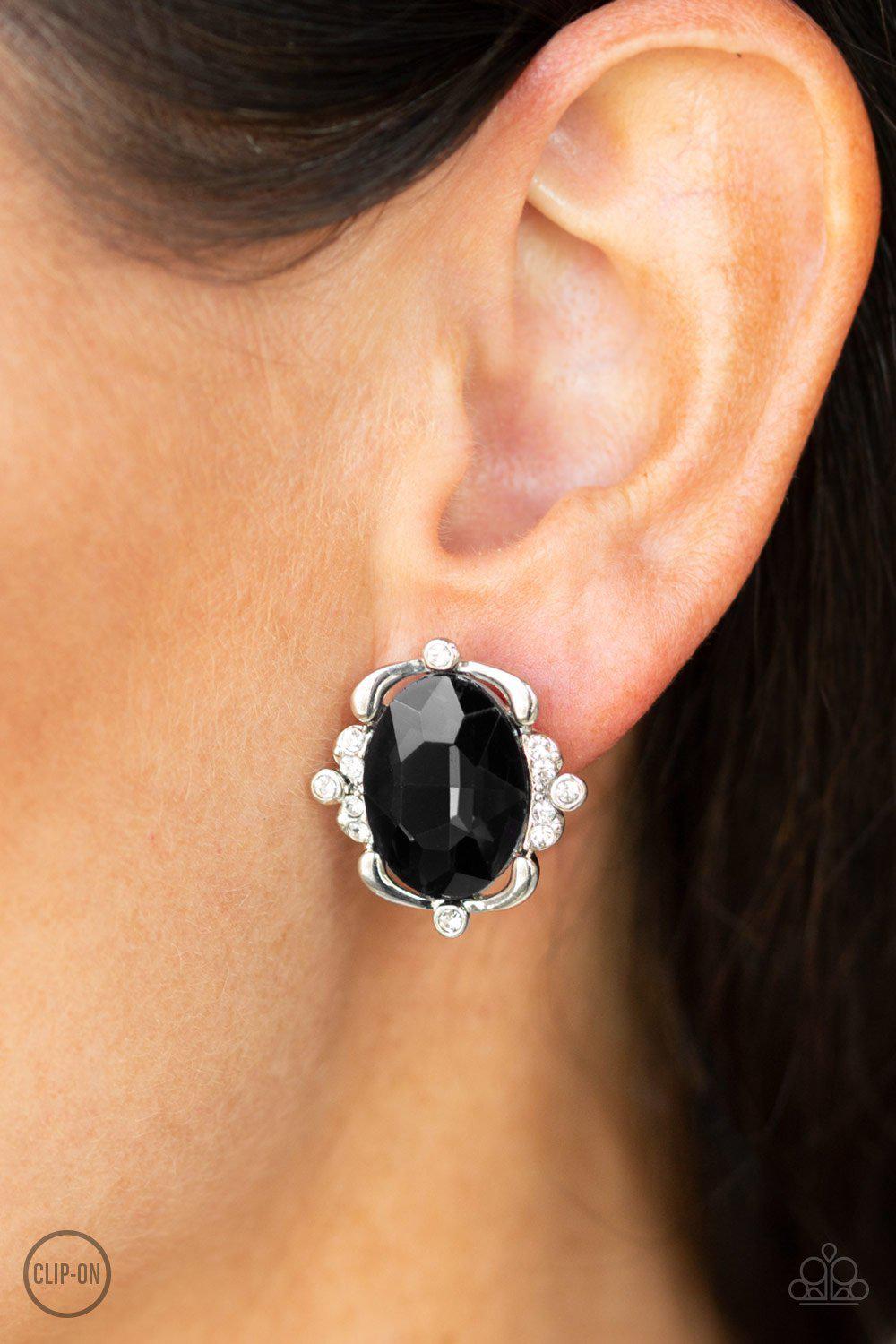 Regally Radiant Black Clip On Earrings - Paparazzi Accessories - model -CarasShop.com - $5 Jewelry by Cara Jewels