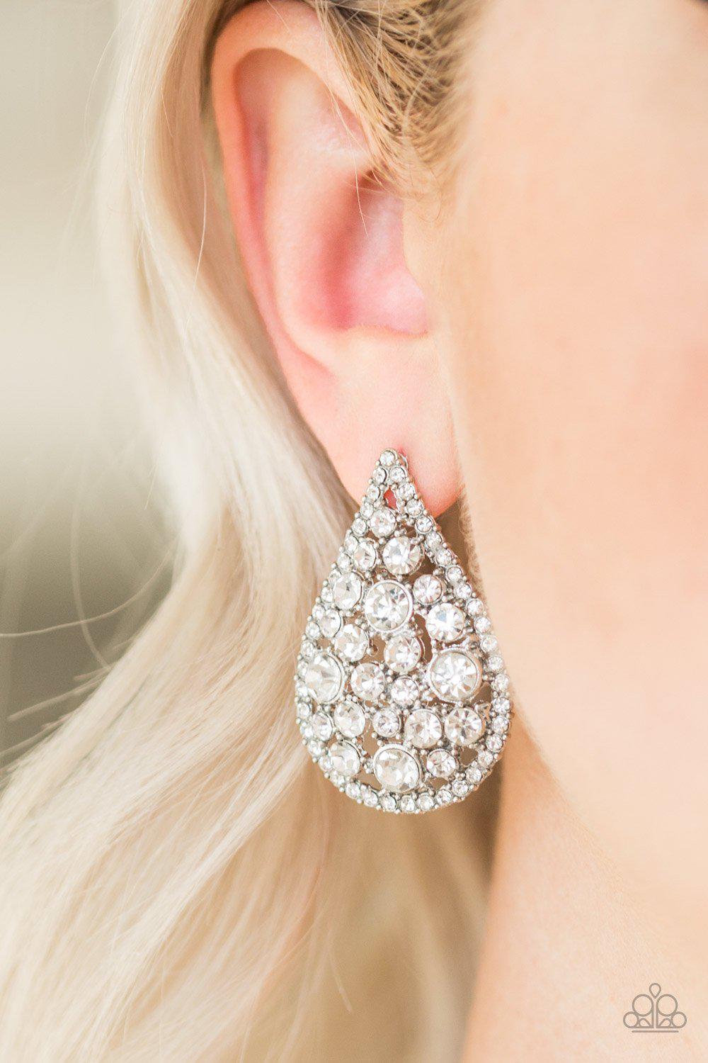 REIGN Storm White Rhinestone Teardrop Post Earrings - Paparazzi Accessories - model -CarasShop.com - $5 Jewelry by Cara Jewels