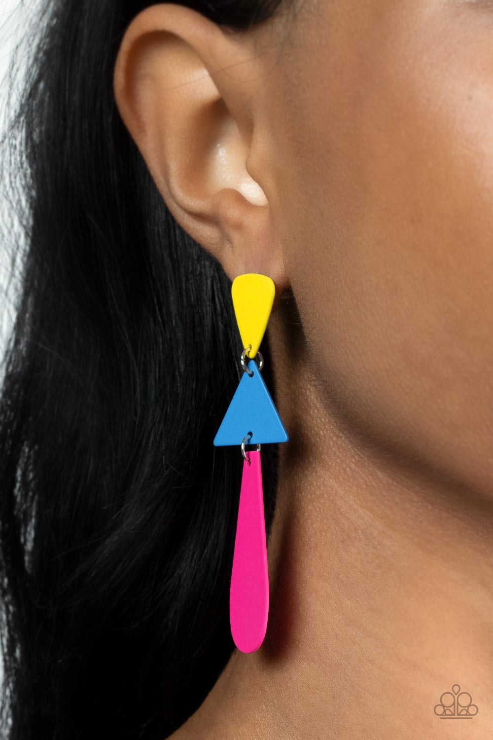 Retro Redux Multi Pink Blue Yellow Earrings - Paparazzi Accessories-on model - CarasShop.com - $5 Jewelry by Cara Jewels