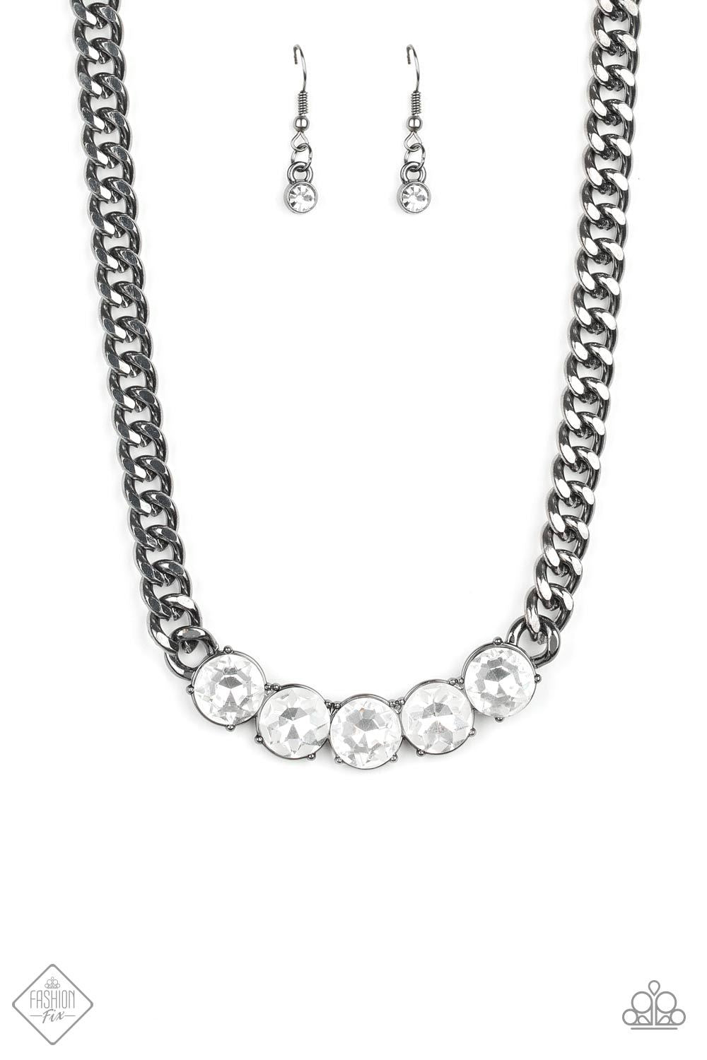 Rhinestone Renegade Gunmetal and White Rhinestone Necklace - Paparazzi Accessories-CarasShop.com - $5 Jewelry by Cara Jewels