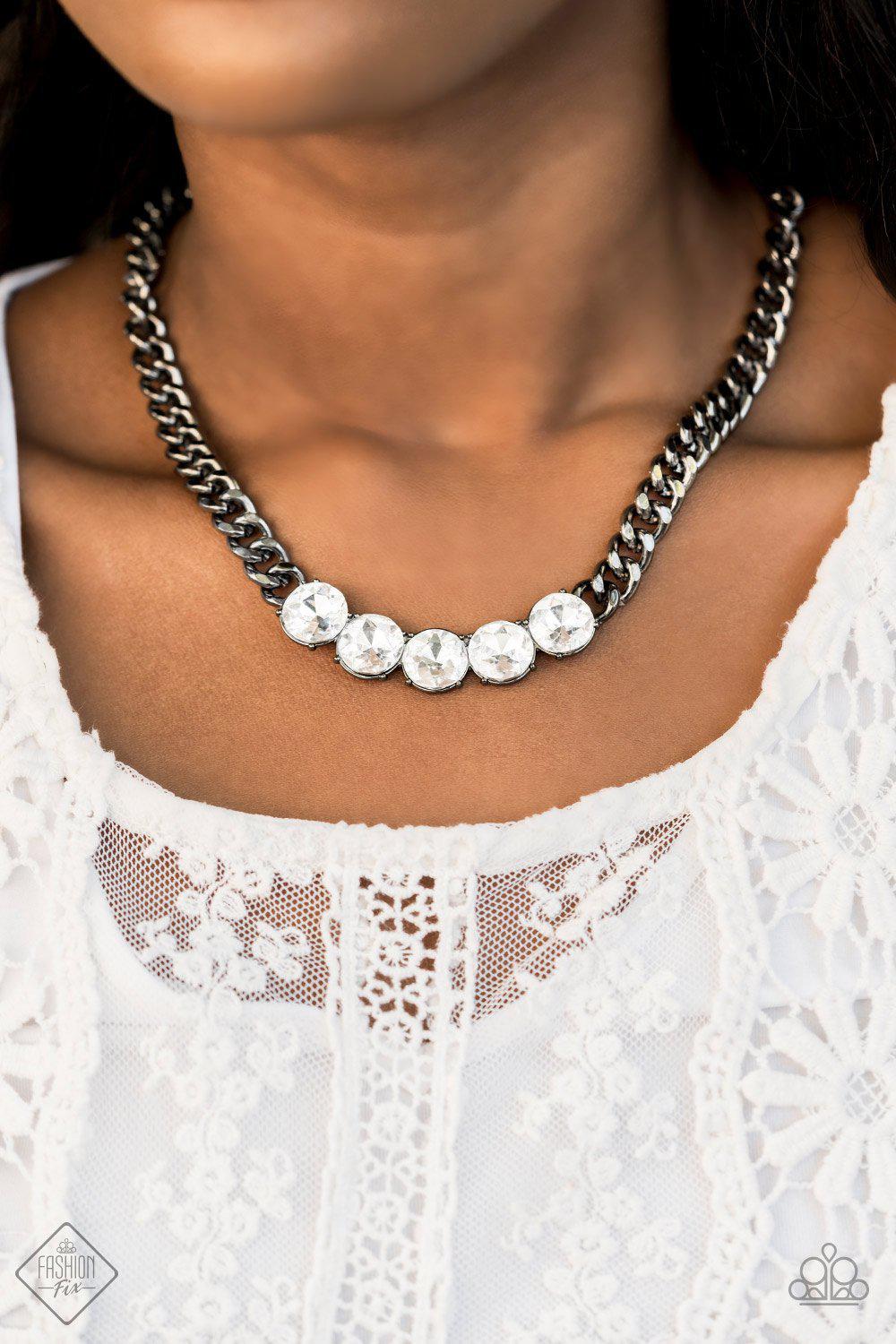 Rhinestone Renegade Gunmetal and White Rhinestone Necklace - Paparazzi Accessories-CarasShop.com - $5 Jewelry by Cara Jewels