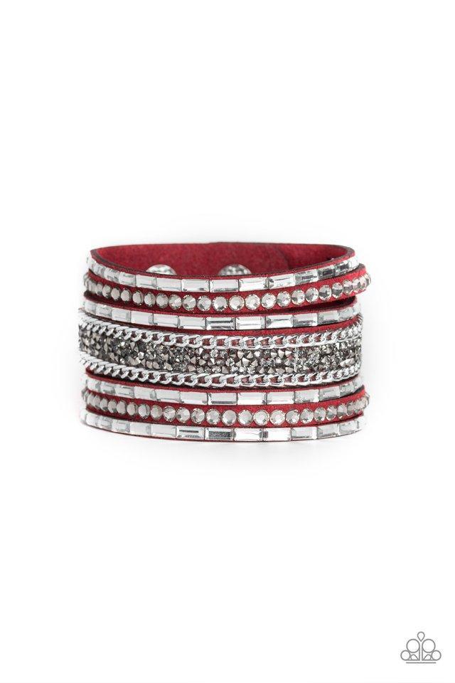 Rhinestone Rumble Red Urban Wrap Snap Bracelet - Paparazzi Accessories- lightbox - CarasShop.com - $5 Jewelry by Cara Jewels