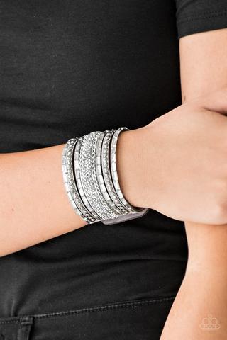 Rhinestone Rumble Silver Urban Wrap Snap Bracelet - Paparazzi Accessories - model -CarasShop.com - $5 Jewelry by Cara Jewels