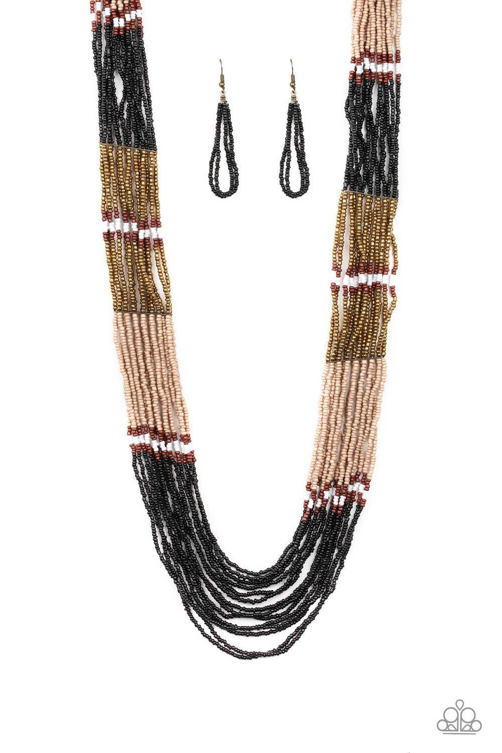 Rio Roamer - Black and Tan Seed Bead Necklace and matching Earrings - Paparazzi Accessories-CarasShop.com - $5 Jewelry by Cara Jewels