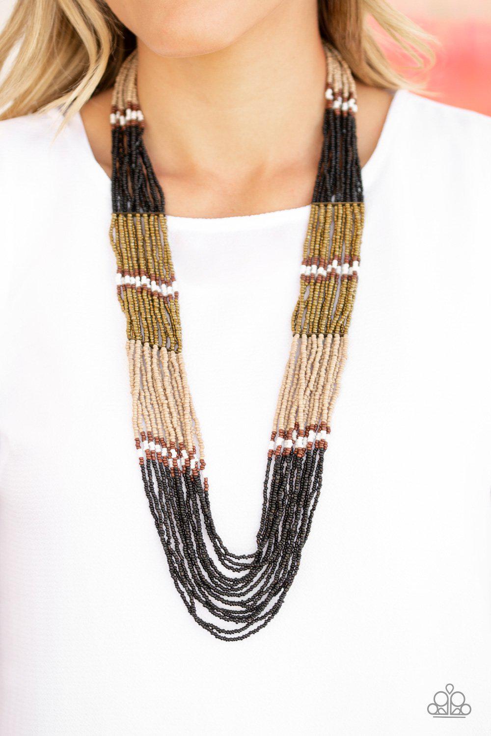 Rio Roamer - Black and Tan Seed Bead Necklace and matching Earrings - Paparazzi Accessories-CarasShop.com - $5 Jewelry by Cara Jewels