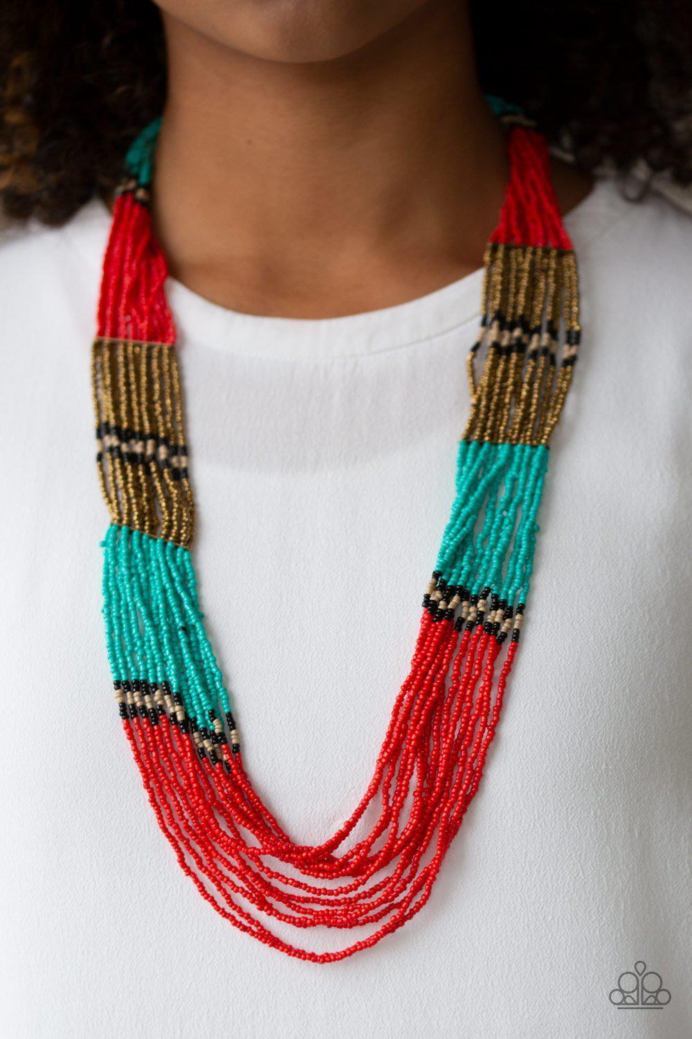 Rio Roamer Red Blue Brass Seed Bead Necklace and matching Earrings - Paparazzi Accessories-CarasShop.com - $5 Jewelry by Cara Jewels