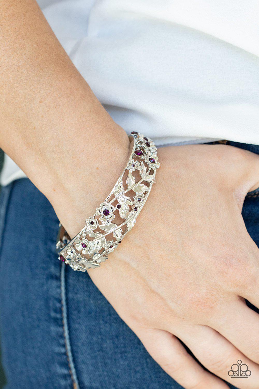 Ripe for the Picking Purple Rhinestone and Silver Filigree Hinged Bangle Bracelet - Paparazzi Accessories 2021 Convention Exclusive- lightbox - CarasShop.com - $5 Jewelry by Cara Jewels