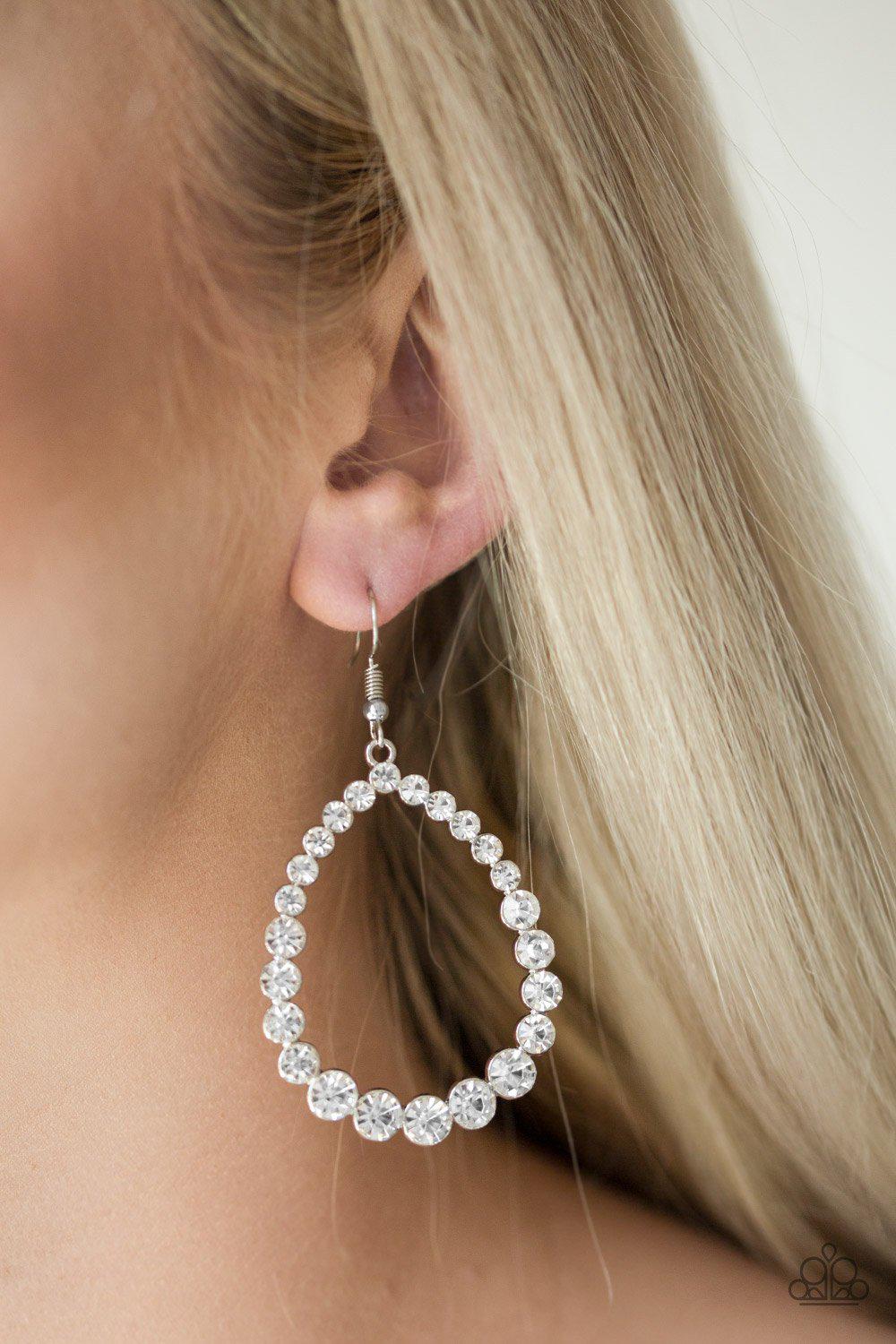 Rise and Sparkle White Rhinestone Teardrop Earrings - Paparazzi Accessories-CarasShop.com - $5 Jewelry by Cara Jewels