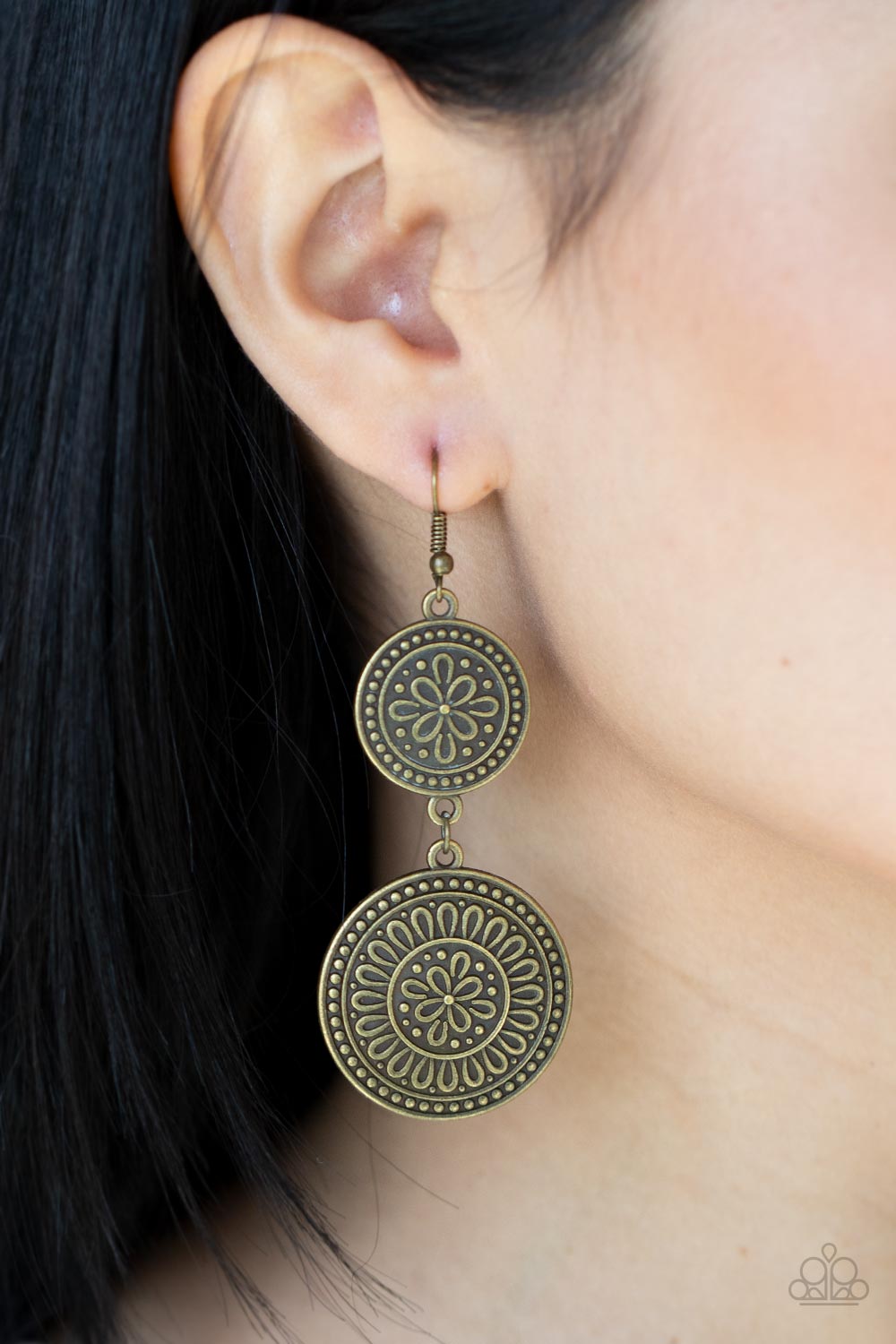 Road Trip Paradise Brass Earrings - Paparazzi Accessories- on model - CarasShop.com - $5 Jewelry by Cara Jewels