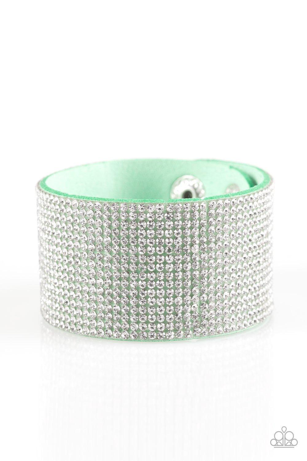 Roll With The Punches Green and White Rhinestone Urban Wrap Snap Bracelet - Paparazzi Accessories-CarasShop.com - $5 Jewelry by Cara Jewels