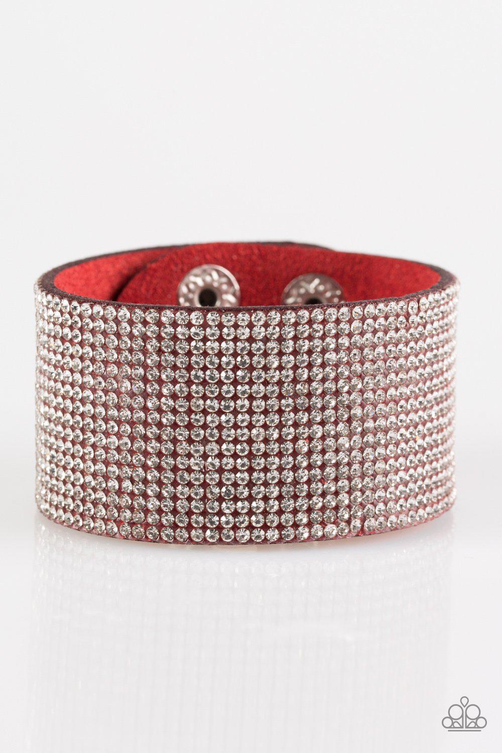 Roll With The Punches Red and White Rhinestone Urban Wrap Snap Bracelet - Paparazzi Accessories-CarasShop.com - $5 Jewelry by Cara Jewels