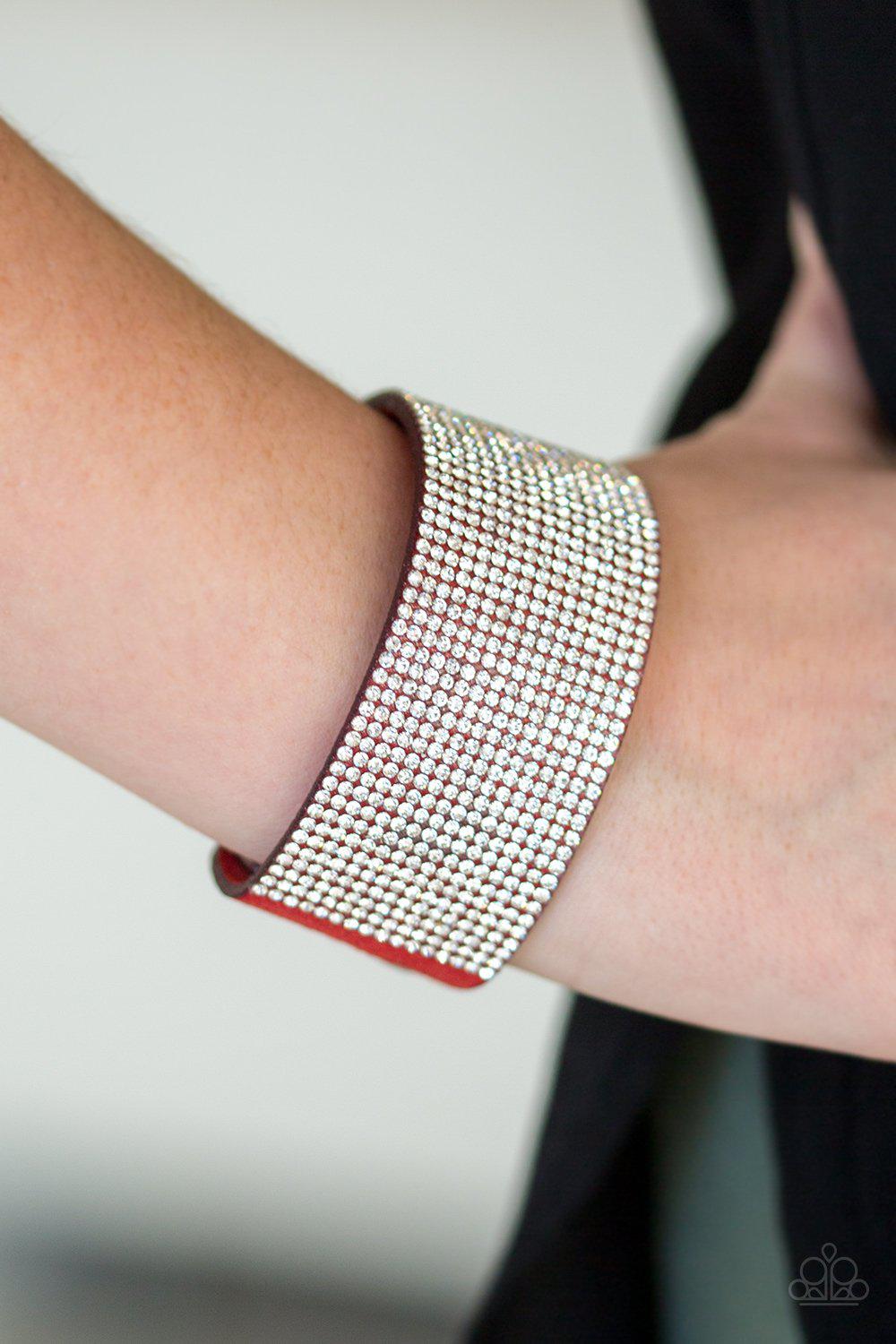 Roll With The Punches Red and White Rhinestone Urban Wrap Snap Bracelet - Paparazzi Accessories-CarasShop.com - $5 Jewelry by Cara Jewels