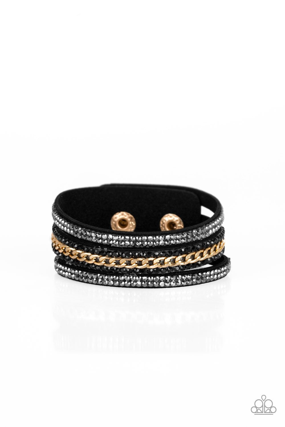 Rollin&#39; In Rhinestones Black and Gold Urban Wrap Snap Bracelet - Paparazzi Accessories- lightbox - CarasShop.com - $5 Jewelry by Cara Jewels