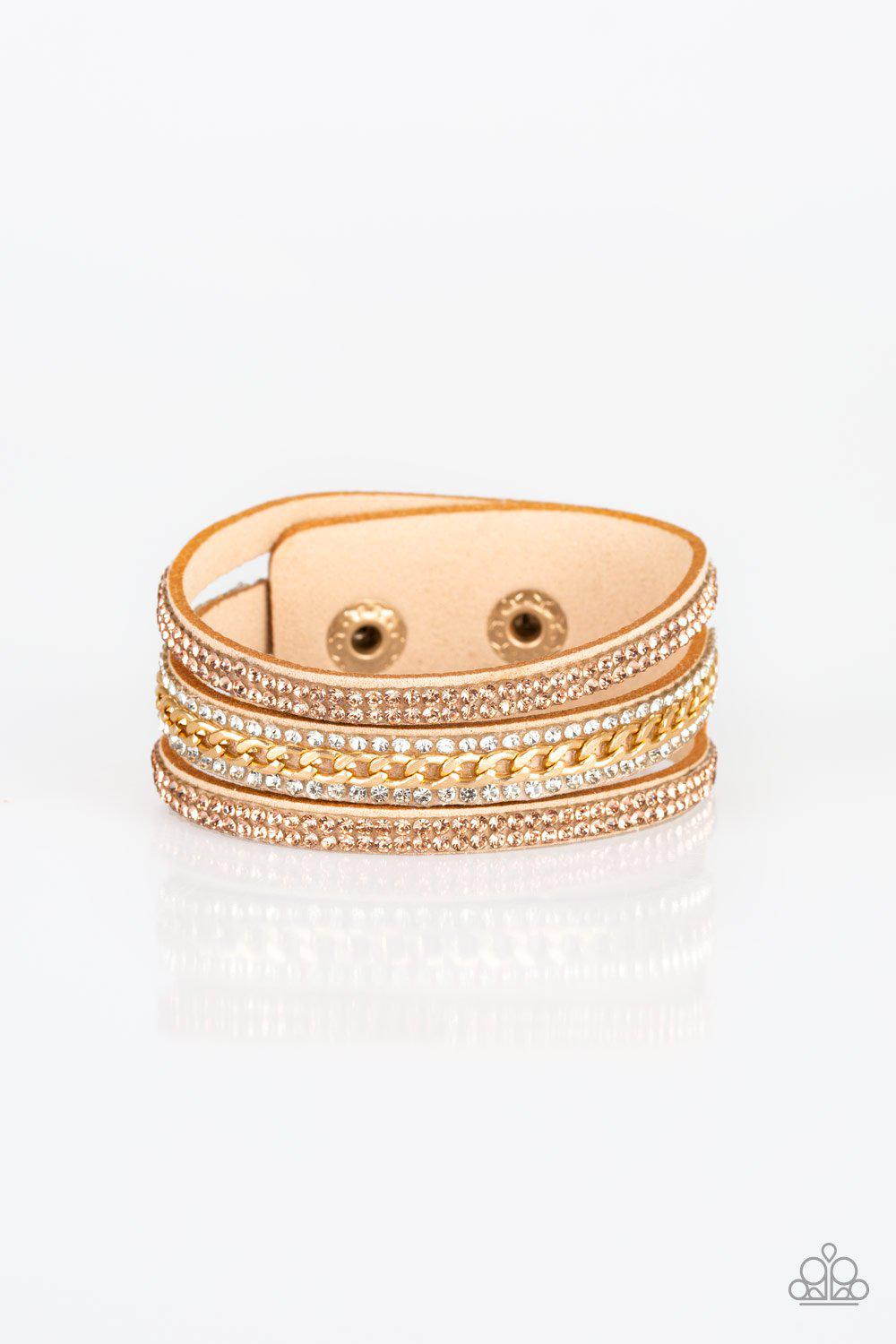 Rollin&#39; In Rhinestones Gold Urban Wrap Snap Bracelet - Paparazzi Accessories-CarasShop.com - $5 Jewelry by Cara Jewels