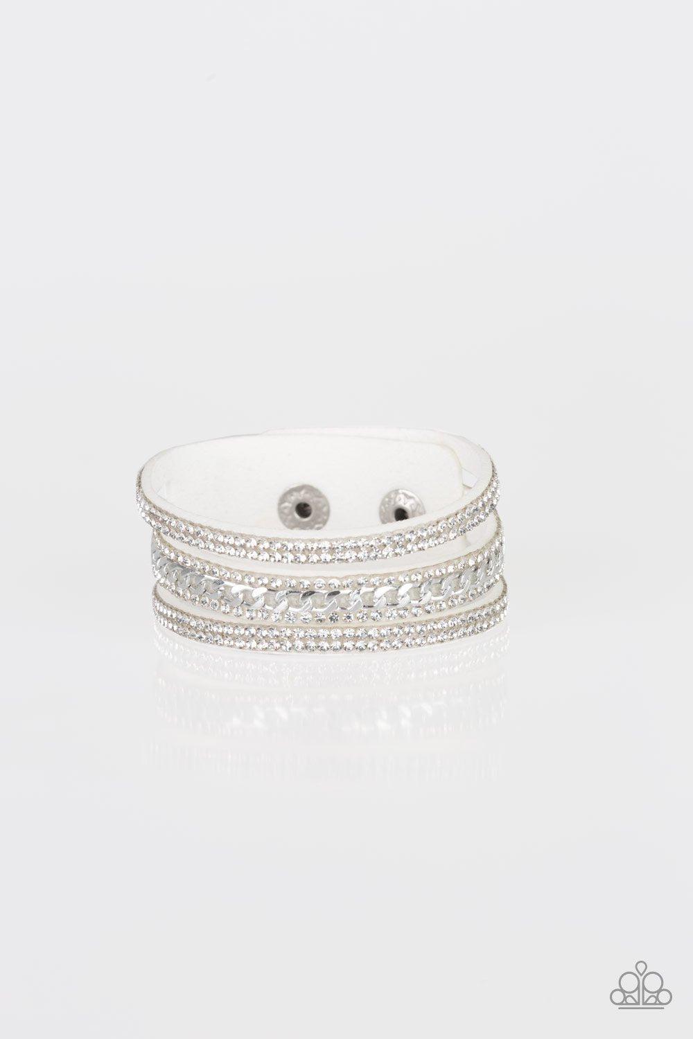 Rollin&#39; In Rhinestones White Urban Wrap Snap Bracelet - Paparazzi Accessories-CarasShop.com - $5 Jewelry by Cara Jewels