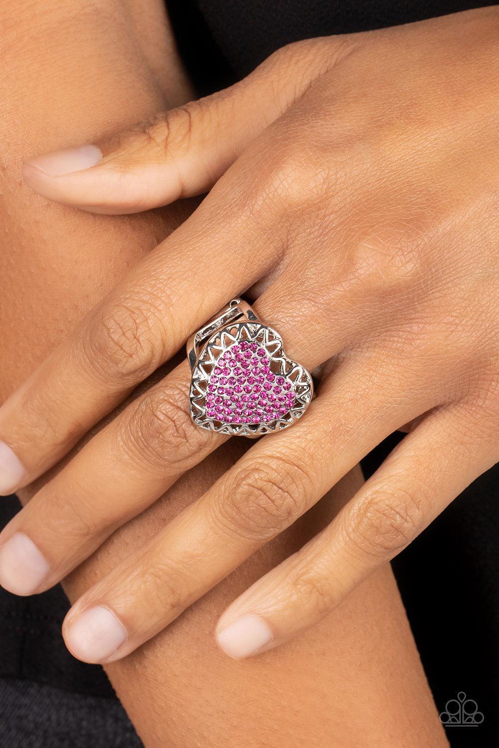 Romantic Escape Pink Rhinestone Heart Ring - Paparazzi Accessories-on model - CarasShop.com - $5 Jewelry by Cara Jewels