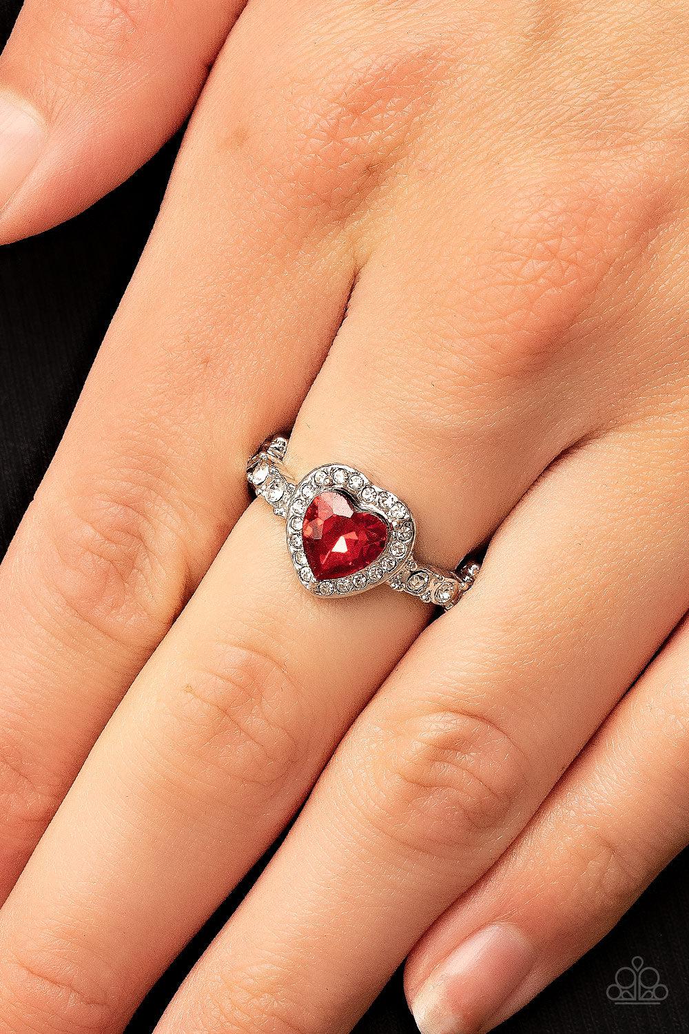 Romantic Reputation Red Rhinestone Heart Ring - Paparazzi Accessories- on model - CarasShop.com - $5 Jewelry by Cara Jewels