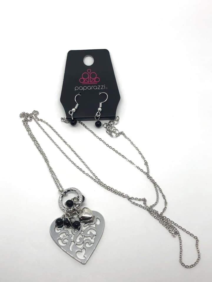 Romeo Romance Black and Silver Heart Necklace - Paparazzi Accessories-CarasShop.com - $5 Jewelry by Cara Jewels