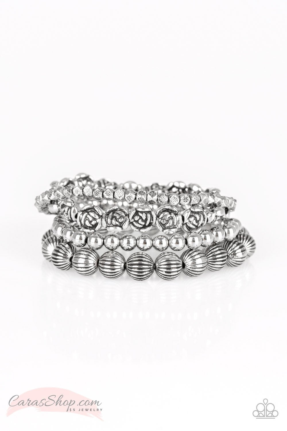 Rose Garden Gala - Silver Stretch Bracelet Set - Paparazzi Accessories-CarasShop.com - $5 Jewelry by Cara Jewels