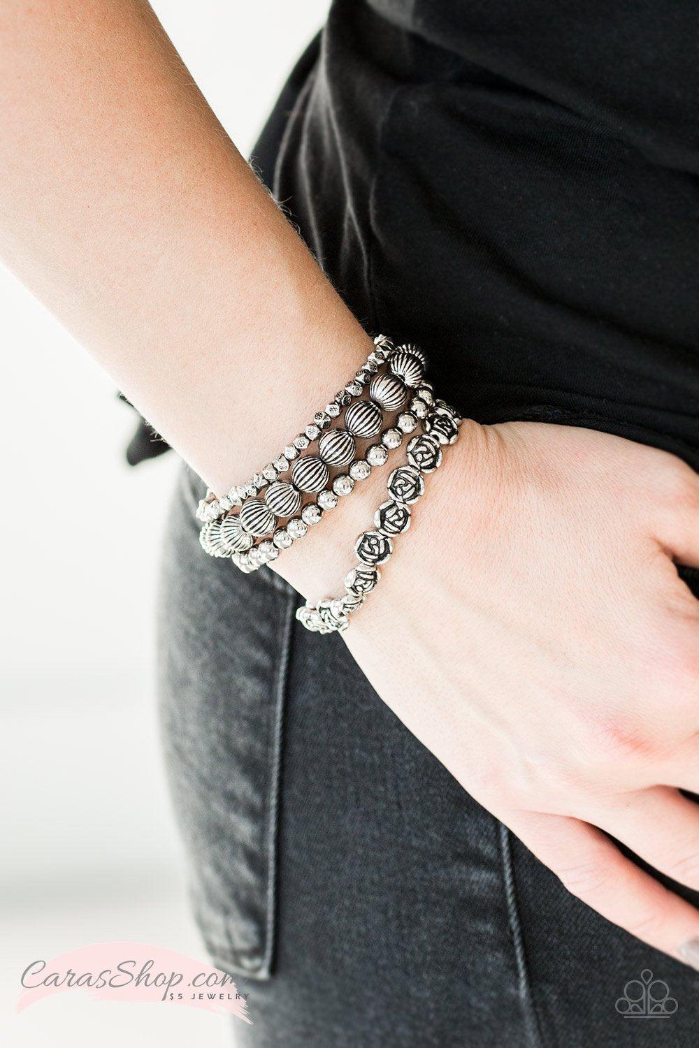 Rose Garden Gala - Silver Stretch Bracelet Set - Paparazzi Accessories-CarasShop.com - $5 Jewelry by Cara Jewels