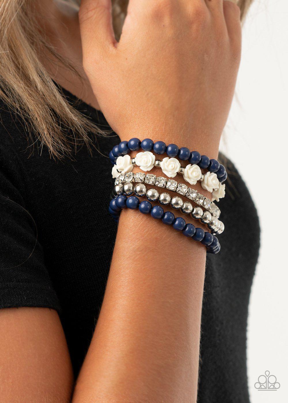 Rose Garden Grandeur Blue and White Rose Bracelet Set - Paparazzi Accessories - model -CarasShop.com - $5 Jewelry by Cara Jewels