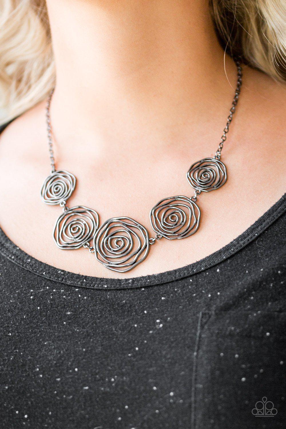 Rosy Rosette Black Gunmetal Necklace and matching Earrings - Paparazzi Accessories-CarasShop.com - $5 Jewelry by Cara Jewels