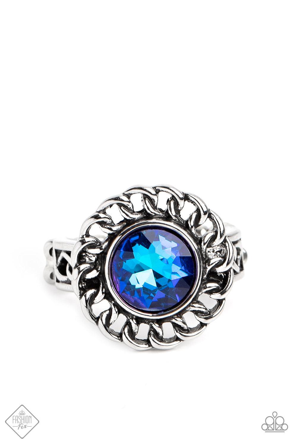 Round Table Runway Blue Rhinestone Ring - Paparazzi Accessories- lightbox - CarasShop.com - $5 Jewelry by Cara Jewels