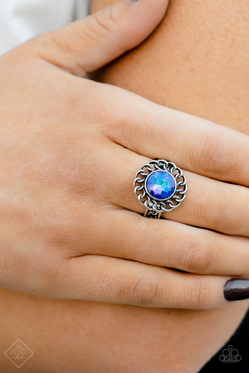 Round Table Runway Blue Rhinestone Ring - Paparazzi Accessories-on model - CarasShop.com - $5 Jewelry by Cara Jewels