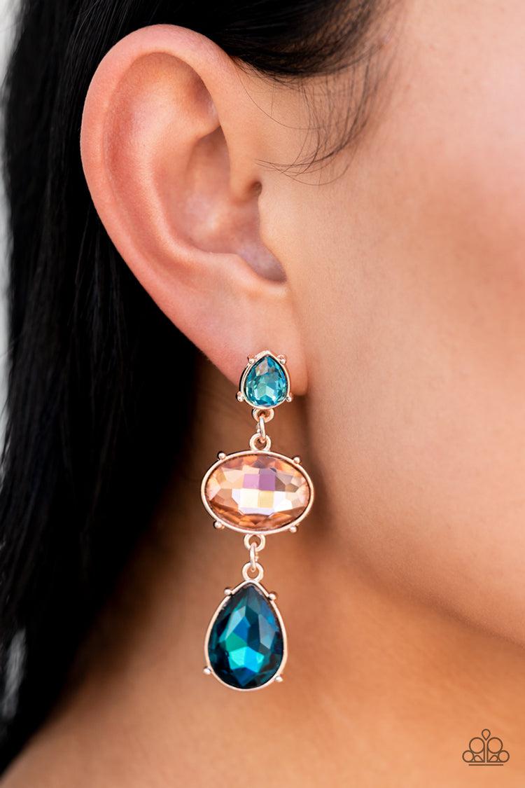 Royal Appeal Multi Blue &amp; Peach Rhinestone Earrings - Paparazzi Accessories-on model - CarasShop.com - $5 Jewelry by Cara Jewels