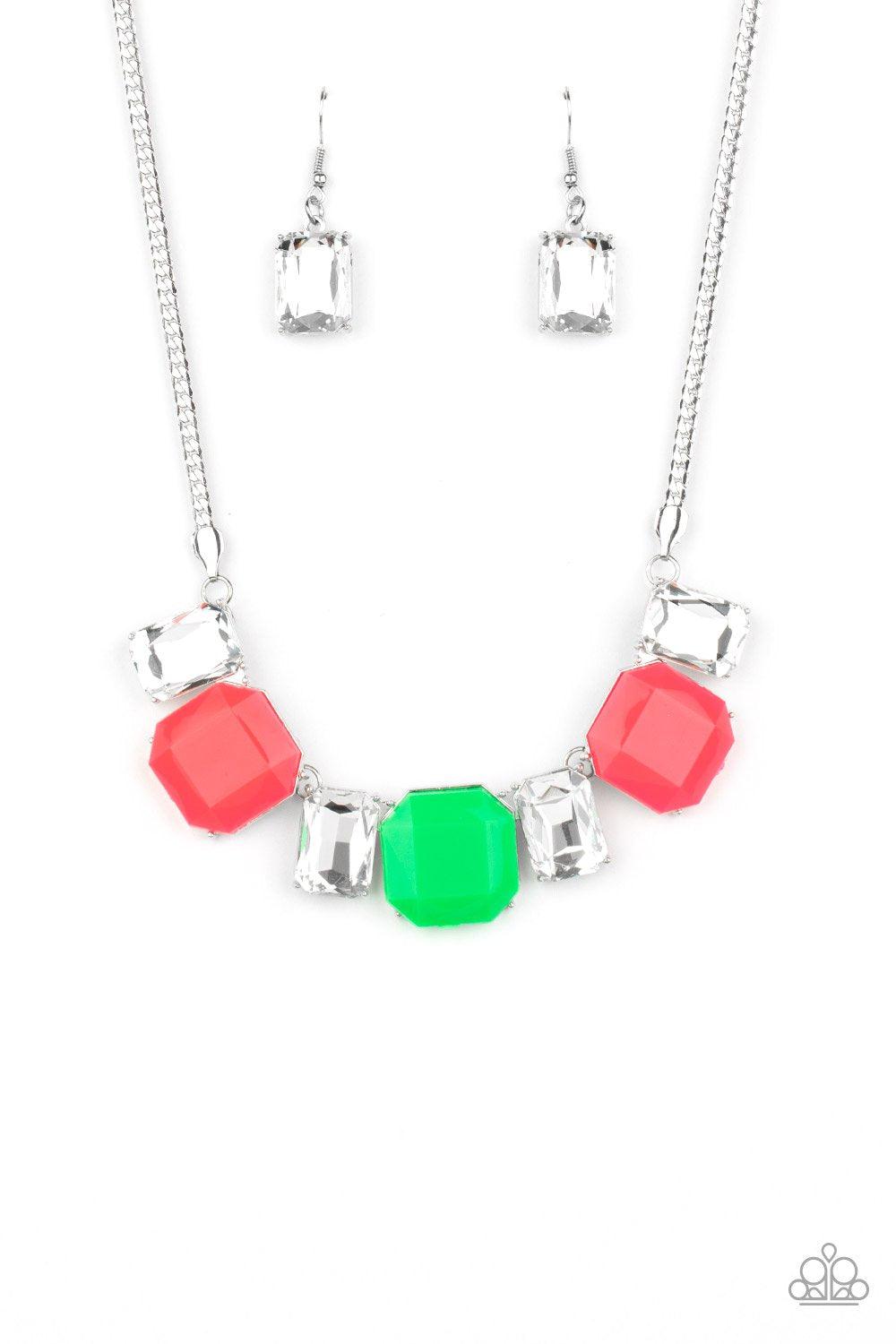 Royal Crest Neon Pink and Green Necklace - Paparazzi Accessories-CarasShop.com - $5 Jewelry by Cara Jewels