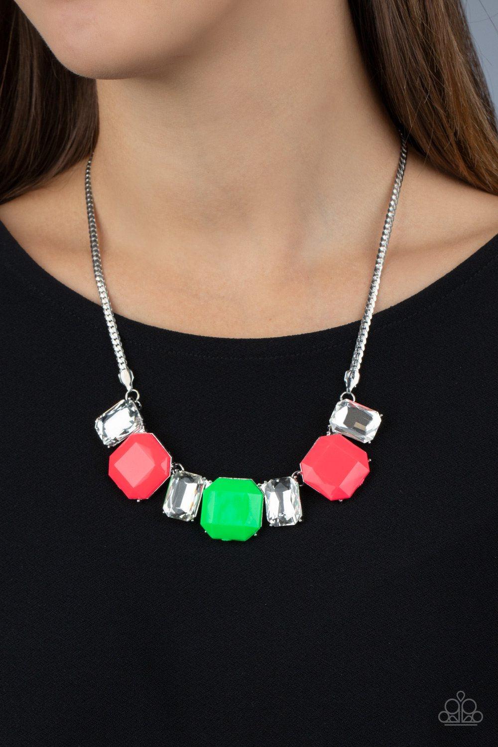 Royal Crest Neon Pink and Green Necklace - Paparazzi Accessories-CarasShop.com - $5 Jewelry by Cara Jewels