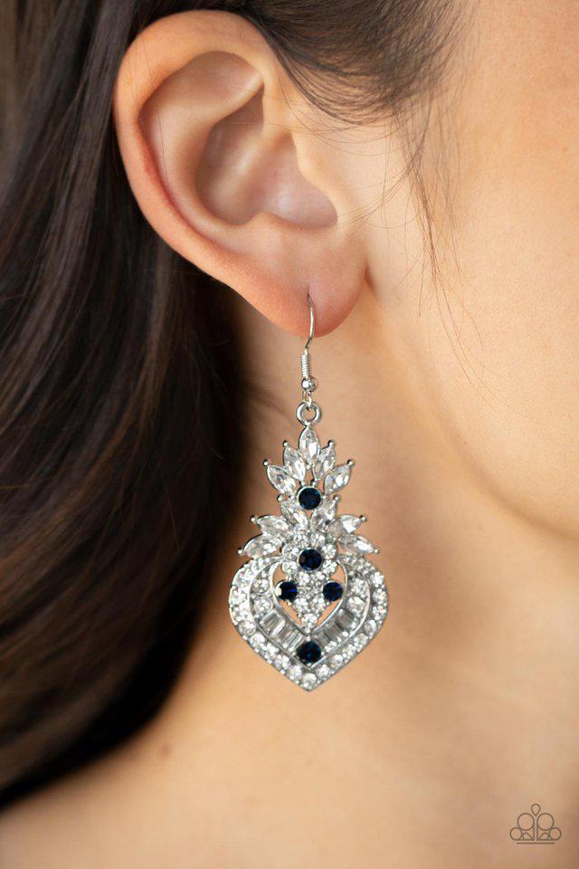 Royal Hustle Blue &amp; White Rhinestone Earrings - Paparazzi Accessories-on model - CarasShop.com - $5 Jewelry by Cara Jewels