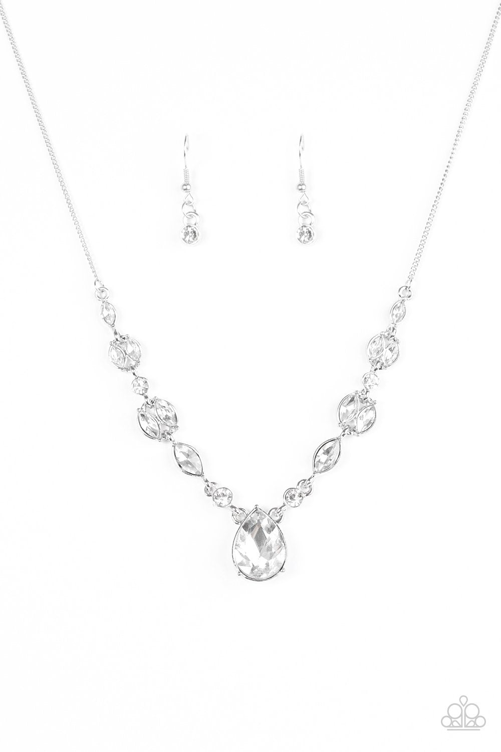 Royal Rendezvous White Teardrop Rhinestone Necklace - Paparazzi Accessories-CarasShop.com - $5 Jewelry by Cara Jewels